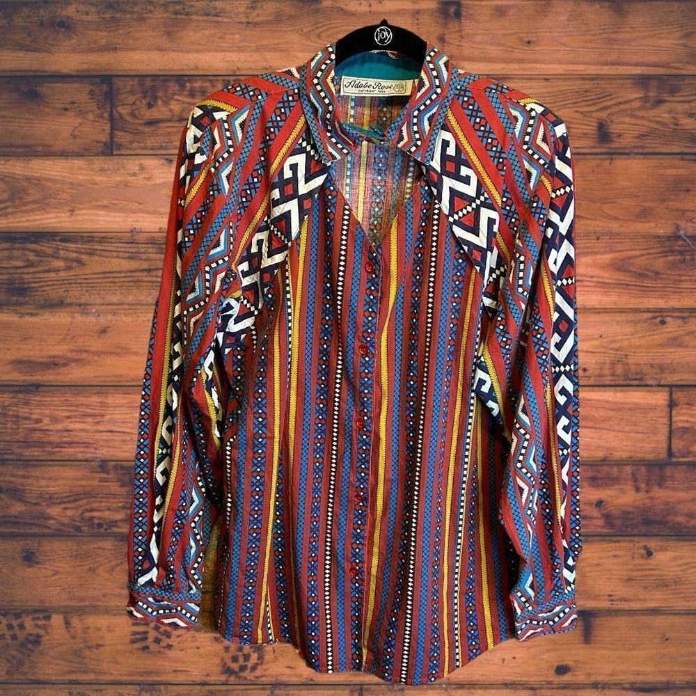 Rare Vintage Rodeo Western Wear Boho Aztec Print Long Sleeve Shirt Medium